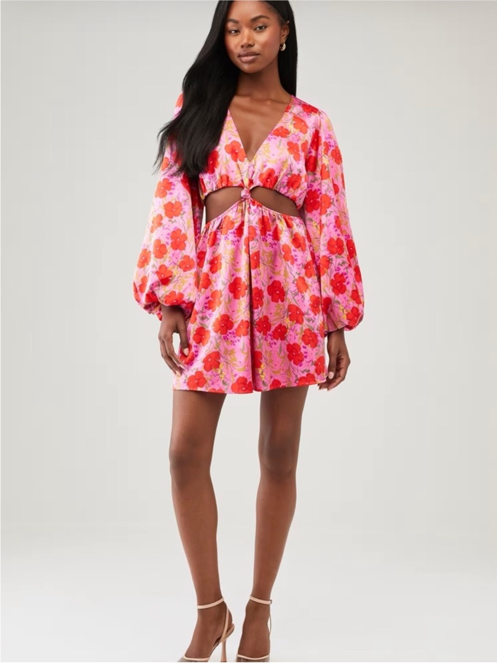 Show Me Your Mumu Floral Cutout Mini Dress Pink Red Boho Tie Waist 57051